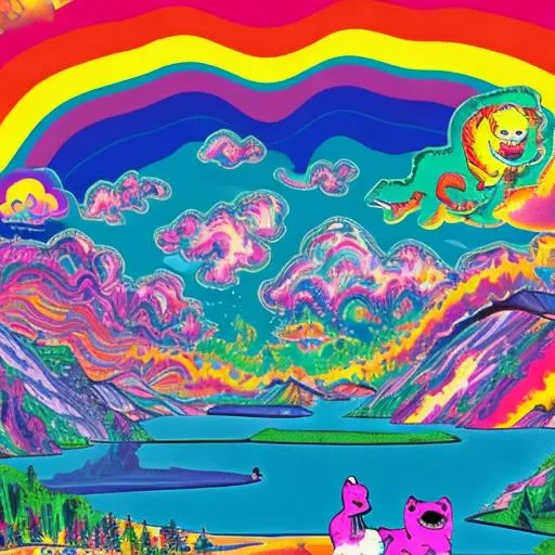 Prompt: Lisa frank style lake in world War ii