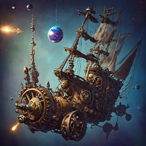 Prompt: small, steampunk spaceschooner, fantasy based, a lot of gears, springs, wheels, details made, colors rusty, brass, gold, blue, worn out, big gravity wheels, space-pirates vessel, very worn out, big glass windows and glass bubbles, massive thrusters, intricate details, flying in space, aggressive design, octane render, vivid colours, backround planets, stars, unreal engine 5, SLR, ray tracing, 8k UktraHD, octane render