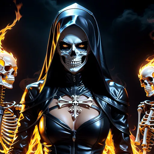 Prompt: Highly detailed 4k UHD anime illustration of a female ghost rider Nun, skeleton form perfect autonomy body shape, muscular slim body tone, defined abs, anime, horror, skeletal features, intense eyes, dark atmosphere, hauntingly beautiful, atmospheric lighting, eerie glow, highres, detailed skeletal structure, spectral aura, professional