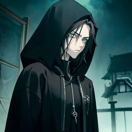 Prompt: Anime illustration of a 30-year-old male, black hoodie, long dark brown hair, piercing green eyes, gothic punk theme, haunted house setting, ghostly apparition, yokai, detailed eyes, eerie atmosphere, anime, gothic, haunted, detailed hair, male, intense gaze, professional, atmospheric lighting