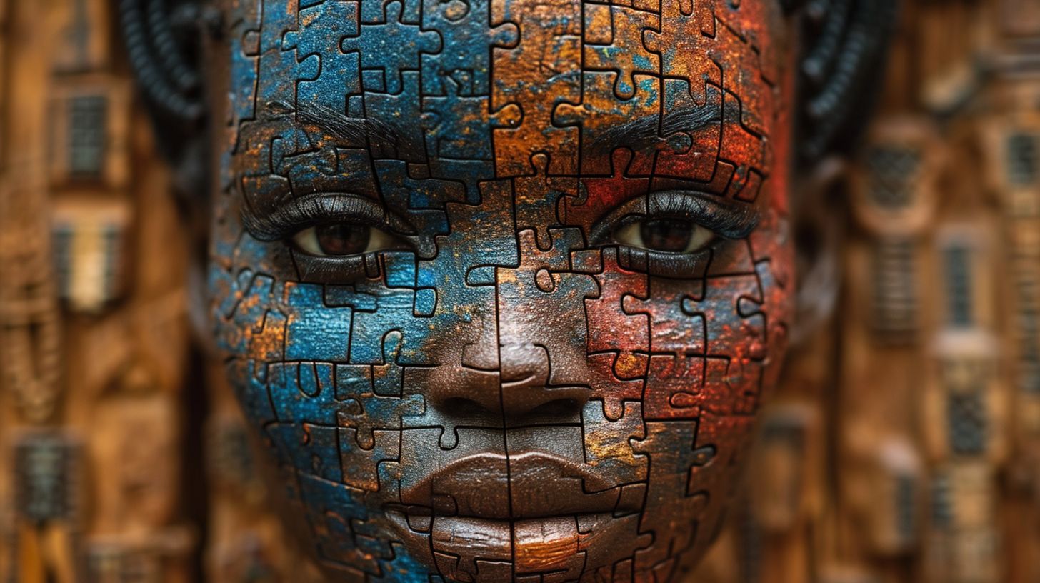 Prompt: half face mask puzzle, african dreams