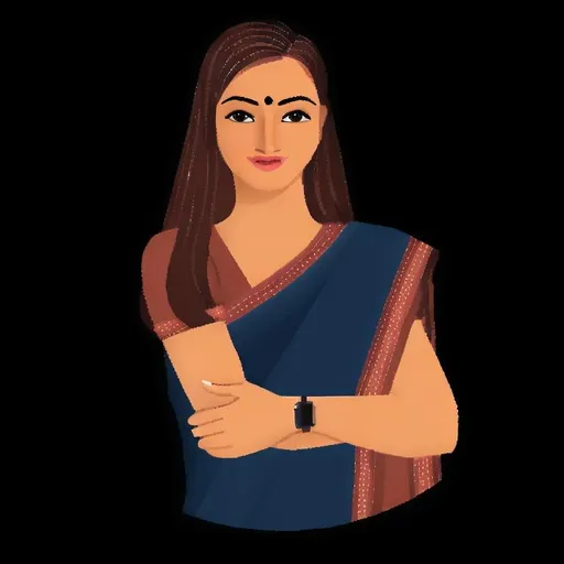 Prompt: illustration of an urban Indian woman, front facing, wearing saree, brown eyes, fair skin, cartoony style