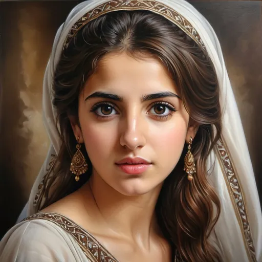 Prompt: Young Syrian women, oil painting, hyper realistic, high details, symmetric, perfect eyes, perfect hair, beautiful, dark greek eyes, brown hair,  beautiful dress,