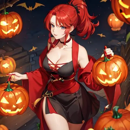 Prompt: Haley with bright red hair pulled back, Halloween, dressed up as a witch