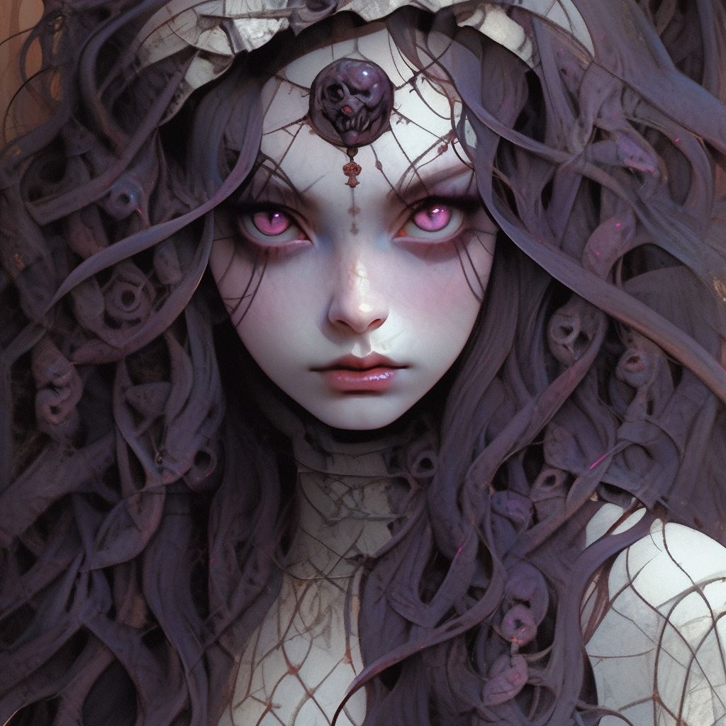 Prompt: a scary girl with vampire makeup, in the style of jeff soto, dark white and light purple, mark brooks, frank cadogan cowper, junglecore, grisaille, depicts real life