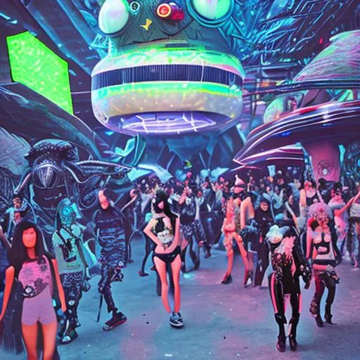 Prompt: 80’s 90s alien monster Asian black raver teens in futuristic technology high fashion warehouse arcade rave party skating club monster high tech robot crowd 