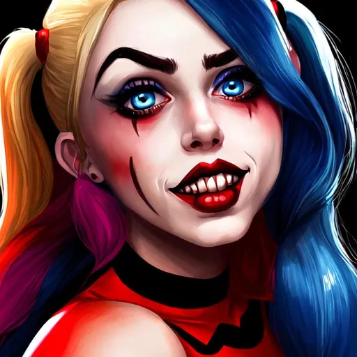 Prompt: Beautiful woman Harley Quinn cartoon portrait 