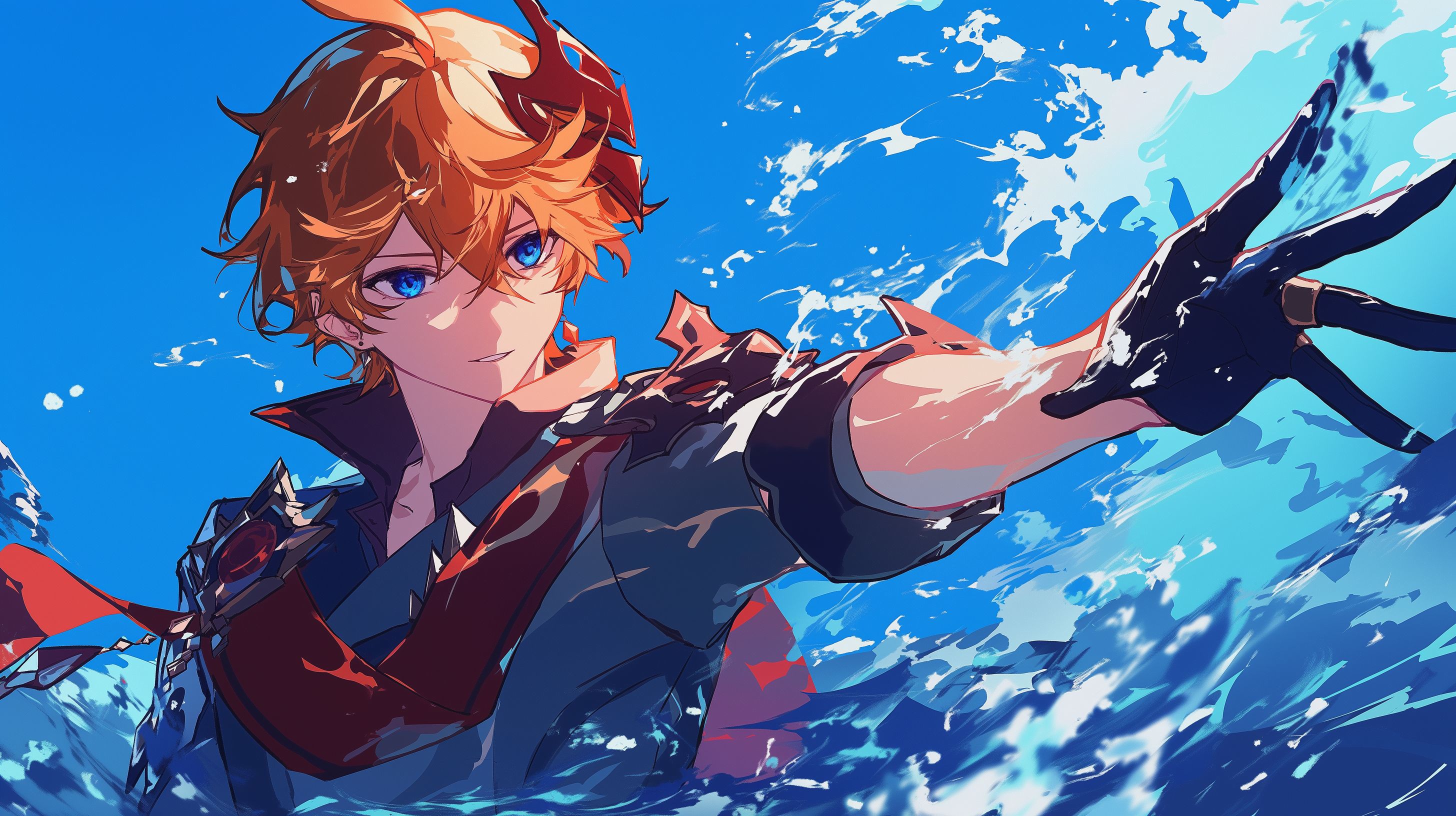 Prompt: Tartaglia from Genshin Impact, Short messy ginger hair with Ahoge that falls between the eyes, dark blue eyes, red diamond earing on right side, japanese vintage print style, dynamic pose, dynamic ocean background --ar 16:9 --niji 6
