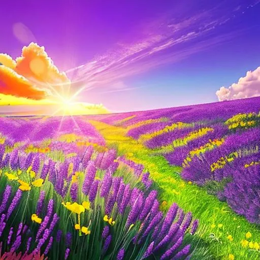 Prompt: bright yellow sunrays falling on a field of wildflowers,  vivid colors of pink, purple and blue, lavender plants in the forefront