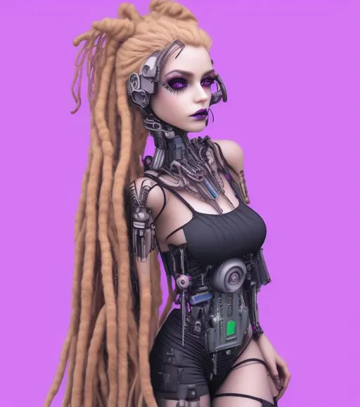 Prompt: beautifull woman,dark,goth,close up portrait,dreamy eyes,rasta hair,elegant,cyber punk,barbie