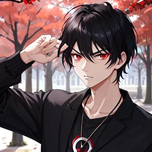 Prompt: Damien (male, short black hair, red eyes) in the park at night, casual outfit, dark out, nighttime, midnight, angry, stern look on his face