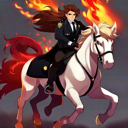 Prompt: Caleb  as a police officer (brown hair) (brown eyes) wearing a tuxedo, full body, riding a (demon horse, glowing red eyes, black coat, firey mane and tail)