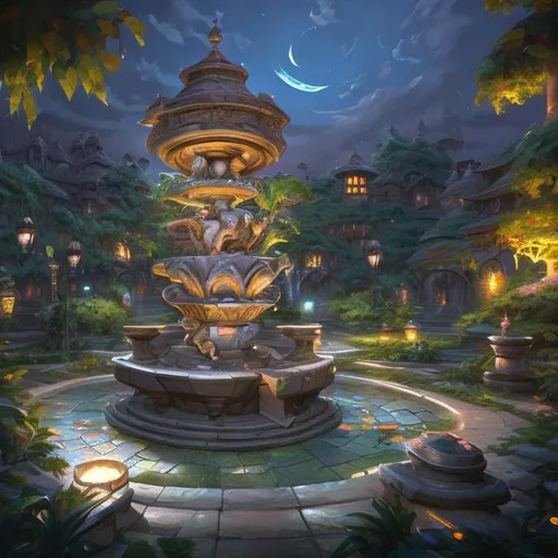 Prompt: Fountain in a lush moonlit garden style of Tyler Edlin