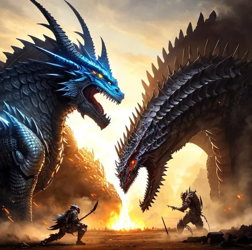 Prompt: 2 monsters fighting, Poster art, high-quality high-detail highly-detailed breathtaking hero  The king of all monsters, carbon fibre helmet of knowledge, post apocalyptic world setting, has highly detailed scaled body, dragon looking, detailed carbon fibre mech amour, wearing carbon fibre mech armor, highly detailed face, full form, epic, 8k HD, ice, sharp focus, ultra realistic clarity. Hyper realistic, Detailed face, portrait, realistic, close to perfection, more black in the armour, 
wearing blue and black armour, wearing carbon black cloak with red, full body, high quality cell shaded illustration, ((full body)), dynamic pose, perfect anatomy, centered, freedom, soul, Black short hair, approach to perfection, cell shading, 8k , cinematic dramatic atmosphere, watercolor painting, global illumination, detailed and intricate environment, artstation, concept art, fluid and sharp focus, volumetric lighting, cinematic lighting, 
