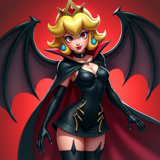 Prompt: princess Daisy from super Mario bros get bitten by a vampire bat and start turning into a vampire the eyes turn red and showing off her fangs, her gloves are now opera length black patten leather and she has on a vampire cape with collar up get dress is short to show off her new thigh high heel boots