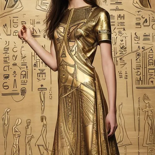 Prompt: Arose pharaonic women's dress with golden pharaonic drawings inspired by modern elegance