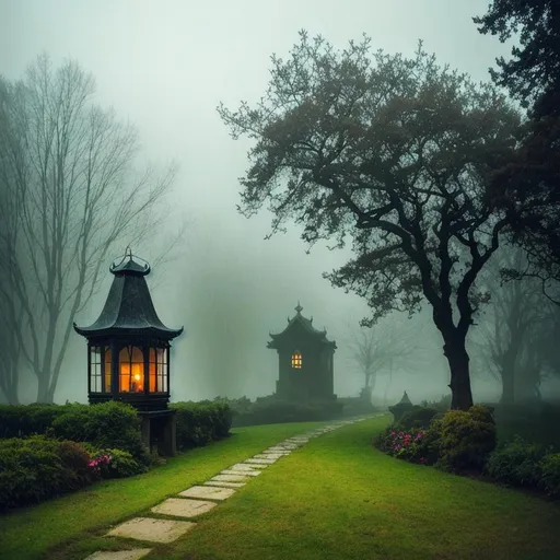 Prompt: Mystical photo of a surreal landscape, garden, lantern, cute house, enchanting, foggy ambiance, mysterious lighting, dark tones, gothic aesthetic, hauntingly beautiful, trending on art platforms, art by dark fantasy artist.