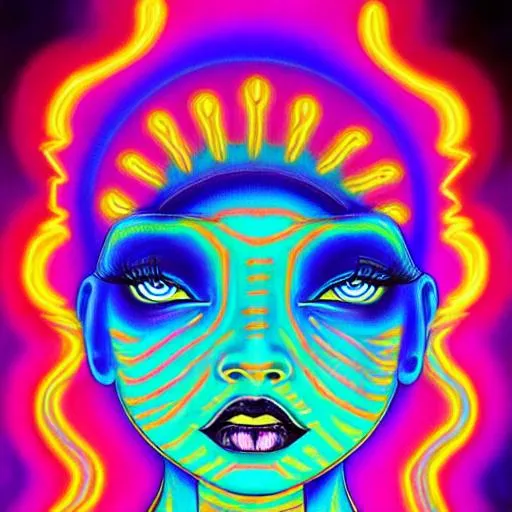Prompt: Hypnotic illustration of the sun goddess dancing with blue skin pop surrealism, dark glow neon paint, mystical, hyper realistic, very detailed, cute face, aboriginal