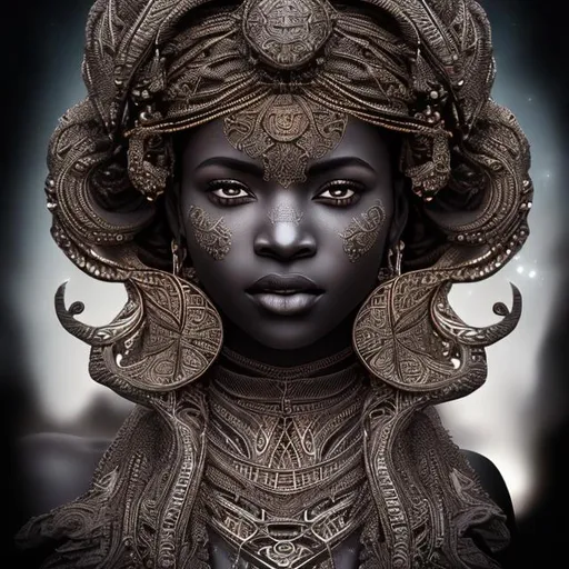 Prompt: Intricately detailed beautiful sahara goddess of africa hyper realistic extremely detailed dark cinematic in the style of vallejo
