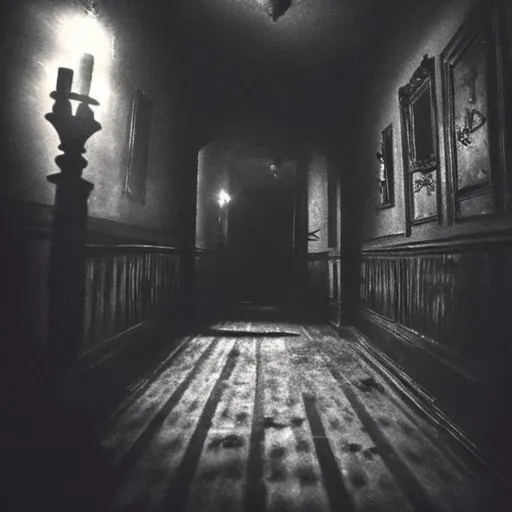 Prompt: a creepy and dark victorian hallway, towards a lighted up window at night further off. the floor is dusty, and we can see footsteps walking away in the dust. no one should be in theart. the art should be almost oil painting, color should be dim yellow, the light shining through is pale moonlight
