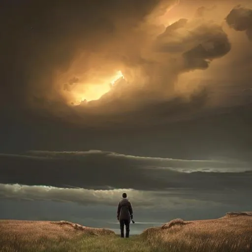 Prompt: Landscape, subject: lone man walking a path with his dog beside him, close to camera, looking at horizon in background, wearing a dark brown cloak, windy, undulating hills, grassy, rocky, river, there's a sunset on horizon but a bad storm cell rages ahead, octane render, unreal engine 5, blender render, 24mm lens, wide shot, light rays, bokeh, spotlights, cinematic lighting, 3d ray tracing, 