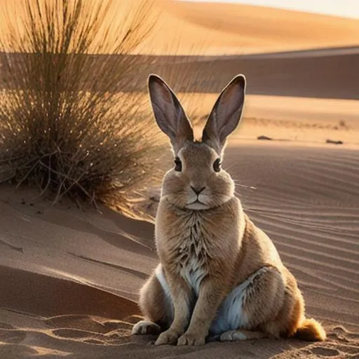 Prompt: The Dunespring has a sleek and streamlined design, reminiscent of a rabbit, with an added touch of desert-inspired elements. Its body is covered in a soft, sandy-colored fur that camouflages seamlessly with its desert habitat. The fur has a fine texture, resembling the grains of sand, and it shimmers under the sunlight, providing excellent heat reflection.

The ears of the Dunespring are elongated and pointed, resembling the iconic ears of a rabbit. They are lined with a thin layer of fine hairs that protect them from the blowing sand and help regulate the creature's body temperature. The ears can be turned in different directions, enabling the Dunespring to detect even the slightest sound.

The Dunespring's eyes are large and round, adapted for keen vision in the desert environment. They have a warm, amber hue that matches the golden sands of its habitat. These eyes are highly perceptive, allowing the Dunespring to spot predators or potential sources of food from a distance.

One of the most striking features of the Dunespring is its tail, which resembles a plume of swirling sand. The tail is long and flexible, often held high in a graceful arch. It aids in balance and stability while running through the shifting sands, and its mesmerizing appearance adds to the creature's overall charm.

In terms of behavior, the Dunespring is cautious and observant. It is constantly on the lookout for potential dangers, relying on its exceptional senses to detect any signs of danger. When threatened, it can swiftly burrow into the sand, disappearing within seconds and leaving behind only a faint trace of its presence.

The Dunespring is a symbol of adaptability and resilience, perfectly suited to survive in the harsh desert landscape. Its agile movements, keen senses, and sand-like appearance make it a remarkable creature that embodies the spirit of the arid wilderness.