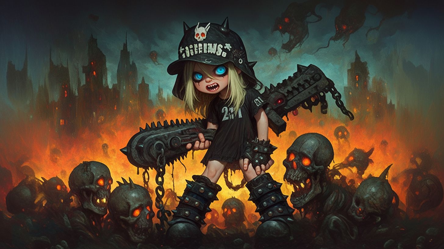 Prompt: Tiny Tina going on a rampage in Middle-Earth, album cover, industrial painting, eye-catching, blink - and - you - miss - it, mushroomcore --sref https://s.mj.run/o99LGdbO_vg