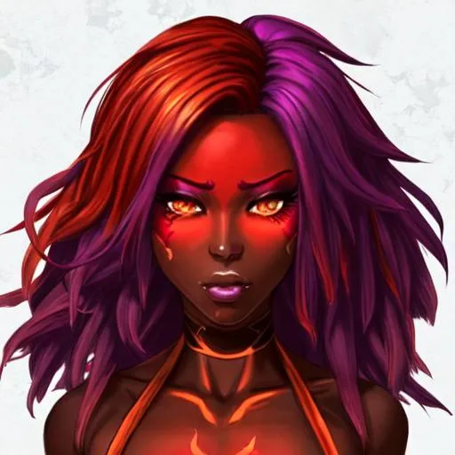 Prompt: Fire Genasi with red-purple-orange ombre hair and dark red skin