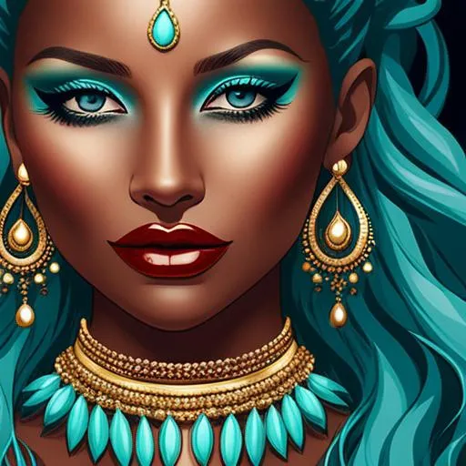 Prompt: An extremely gorgeous woman,  with top knots full of turquoise jewels, in color scheme of turquoise and gold,facial closeup