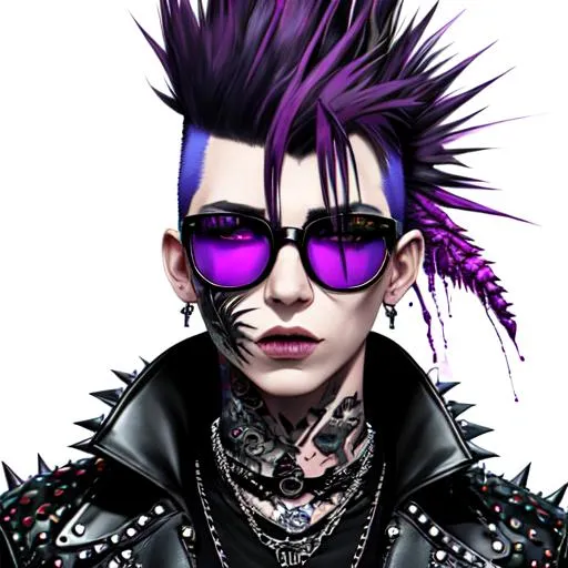 Prompt: Portrait, punk-rock anthropomorphic raven male wearing a leather jacket and glasses, cool colorful cyberpunk flowerpunk, in the style of Gediminas Pranckevicius, moebius, atompunk, Ink Dropped in water, splatter drippings, mohawk, nose-ring, lots of chains, spikes on jacket, grunge t-shirt, tattoos, zippers, pulp Manga, cinematic lighting