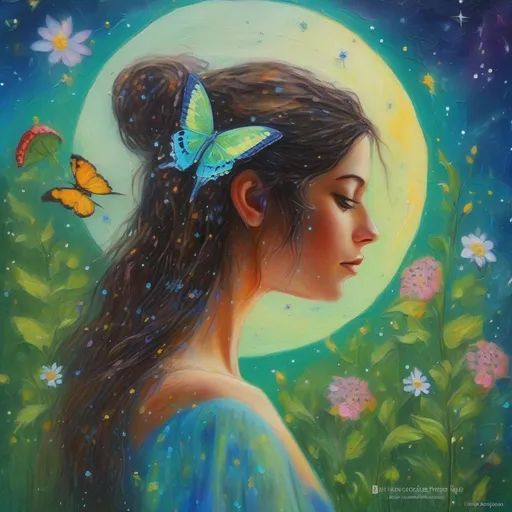 Prompt: A profile beautiful and colourful picture of Persephone with brunette hair with sparkles in it, and with light freckles, is surrounded by a green Luna Moth, forget-me-not flowers, Baby's Breath flowers, a chickadee bird, animals and strawberry plants, framed by the moon and constilations, in an impressionistic colourful acrylic palette knife style.