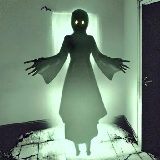 Prompt: a ghastly female ghost holding out her arms and beckoning you in to abandoned room. shadowy and eerie clear features