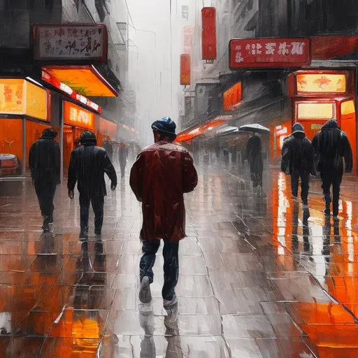 Prompt: A painting of an intense man walking in the heavy rain in Chinatown making eye contact with the viewer in a mid-shot view.