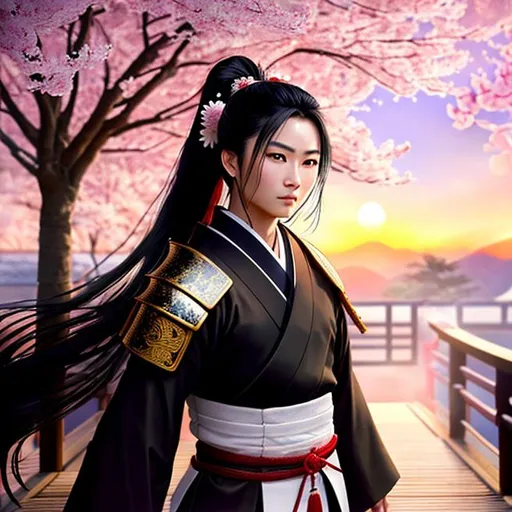 Prompt: Young Samurai with long black hair and ponytail, wearing samurai armor, standing in a Japanese temple, cherry blossom petals falling, illuminated lanterns, glowing sunrise, tranquil lighting, ethereal lighting, delicate shadows, ((beautiful detailed eyes, symmetrical eyes), dramatic lighting, (photorealism:1.5), (photorealistic:1.4), (8k, RAW photo, masterpiece), High detail RAW color photo, a professional photo, realistic, (highest quality), (best shadow), (best illustration), ultra high resolution, highly detailed CG unified 8K wallpapers, physics-based rendering, photo, realistic, realism, high contrast, hyperrealism, photography, f1.6 lens, rich colors, hyper-realistic lifelike texture, cinestill 800)