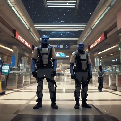 Prompt: lion security guards in a busy alien mall, widescreen, infinity vanishing point, galaxy background, surprise easter egg