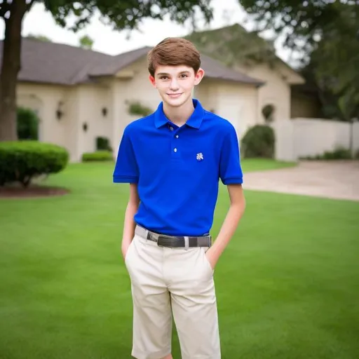Prompt: 16 year old boy in a royal blue polo