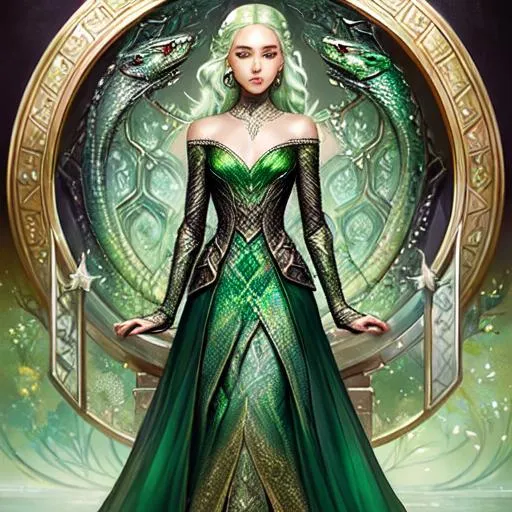 Prompt: Beautiful Danerys Tygarian in full body, standing before the ironthrone. With beautiful face, stunning snake green eyes, ombre gradient green hair, delicate dress made of gradient iridescent snake scales details by pino daeni, tom bagshaw, Cicely Barker, Daniel Merriam, intricate details by Andrew atroshenko, James Jean, Mark Ryden, charlie bowater, WLOP, Jim burns, esao Andrews, Megan duncanson, beautiful portrait , very detailed, high definition, crisp quality, cinematic smooth, cinematic lighting, ultrarealistic, crispy focus 