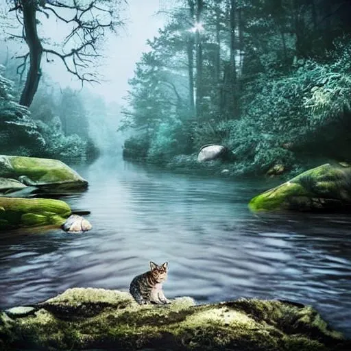 Prompt: One Gray Tabby Cat looking away into river with Magic Stone in Forest, Bluish Haze, Magical Fantasy Animation, Perfect Cat, Detailed, Magical, Beautiful