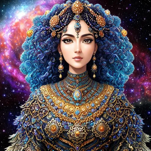 Prompt: full color brown An organic surface generated with Perlin noise and Fractal geometry exists in the background knowledge of the world background sky with nebulae and galaxies and stars and planets, a full body beautiful full color voronoi on julia clusters fractal woman wearing made of silver with jewelry and diamonds, Ottoman beauty, black eyes, very detailed beautiful face, concept art, fantasy, with holding sward,