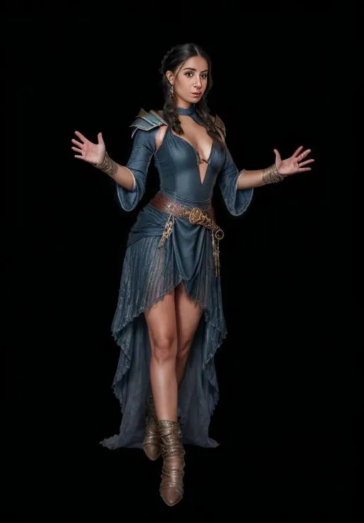 Prompt: D&D female sorceress, ultra detailed clothing and gear, beautiful, perfect complexion, fine hair pulled up, dress long in back short in front