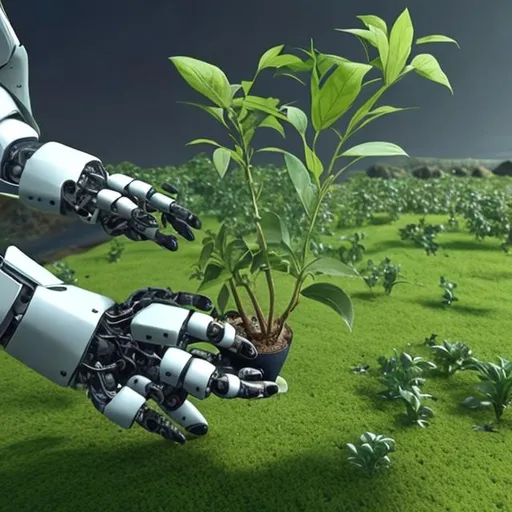 Prompt: an ai robot holding plant earth in its hands and lifting it

 
