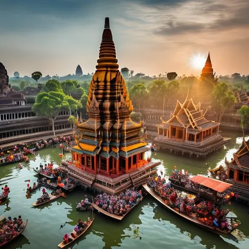 Prompt: A breath taking view of a beautiful Cambodian pagoda floating in the sunny sky crowded with magical people and Buddhist devotees and monks fantasy multi colourful 