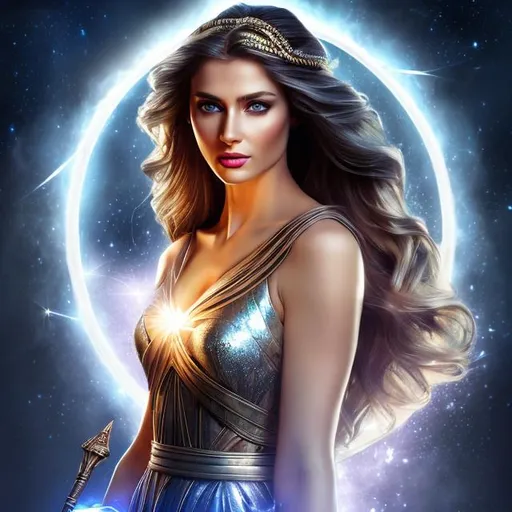 Prompt: HD 4k 3D 8k professional modeling photo hyper realistic beautiful woman ethereal greek goddess of liberty
gray hair blue eyes gorgeous face black skin beautiful shimmering grecian dress headpiece holding torch and book full body surrounded by magical glowing light hd landscape background falling rain standing triumphant 