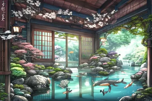 Prompt: Fantasy room, Japanese architecture, bed, koi pond, cascade, realistic anime style, trees, flowers, river flowing from the ceiling, clouds, mist