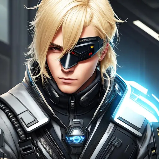 Prompt: Blonde cyberpunk mercenary man in techwear clothes wearing a futuristic facemask