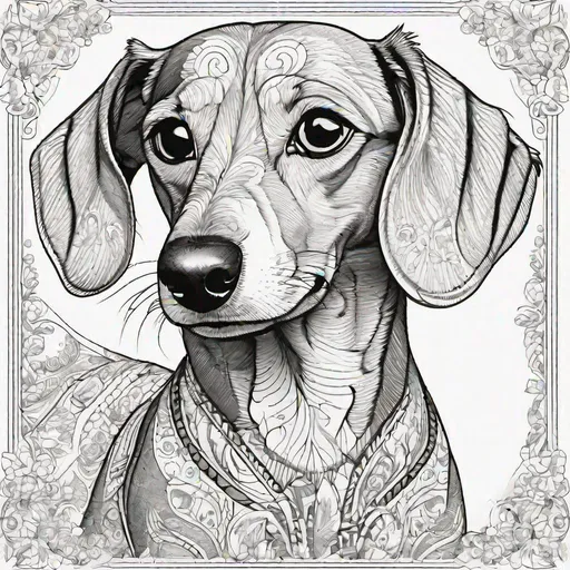 Prompt: coloring book template, dachshund, coloring page for kids, pen drawing, without colors, ultra detailed, 4k, white border