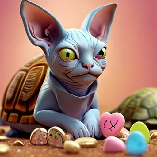 Prompt: Cartoon Sphynx cat with a tortoise on its back and lovehearts wearing a cap