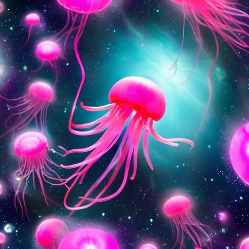 Prompt: hot pink jellyfish bloom in space, glowing in the middle of this there is a spherical white and green island .