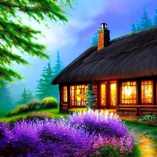 Prompt: Illustration of a  cottage in  a beautiful forest purples, teals, detailed, fantasy art, Splash art, 