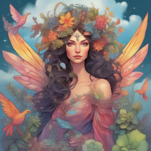 Prompt: A vibrantly and brightly coloured and colourful and beautiful head to toe Persephone as a fairy with iridescent fairy wings; with succulent, feathers and gems in her brunette hair. In a beautiful flowing dress made of plants. Surrounded by birds and clouds, in a painted style in a marvel comics style